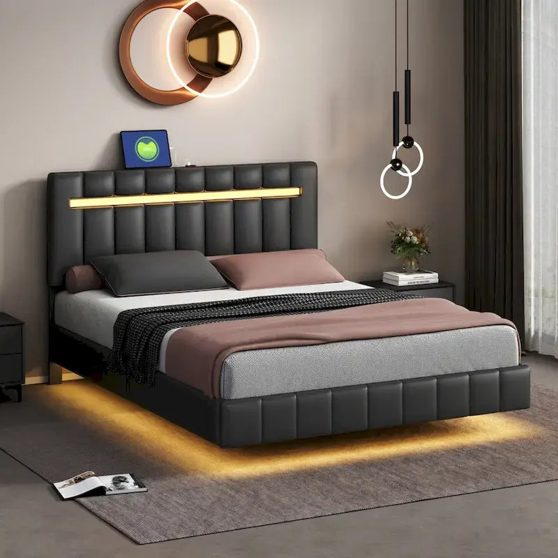 Floating Bed Frame with LED Lights and USB Charging