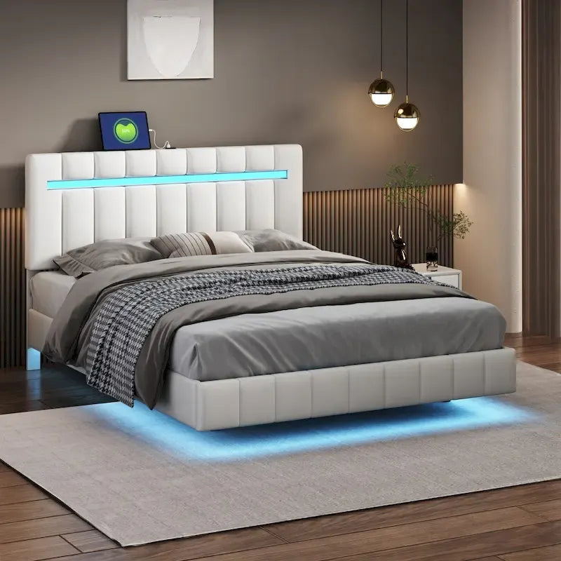 Floating Bed Frame with LED Lights and USB Charging
