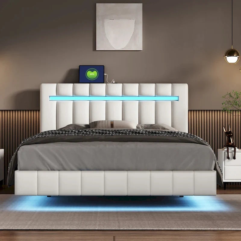 Floating Bed Frame with LED Lights, Full/Queen