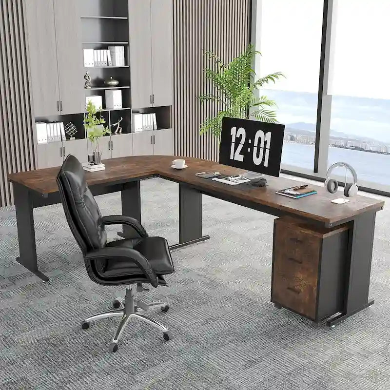83 L-Shaped Executive Desk, Large L Office Desk with 3-Drawer Mobile File Cabinet, Business Furniture Desk Workstation
