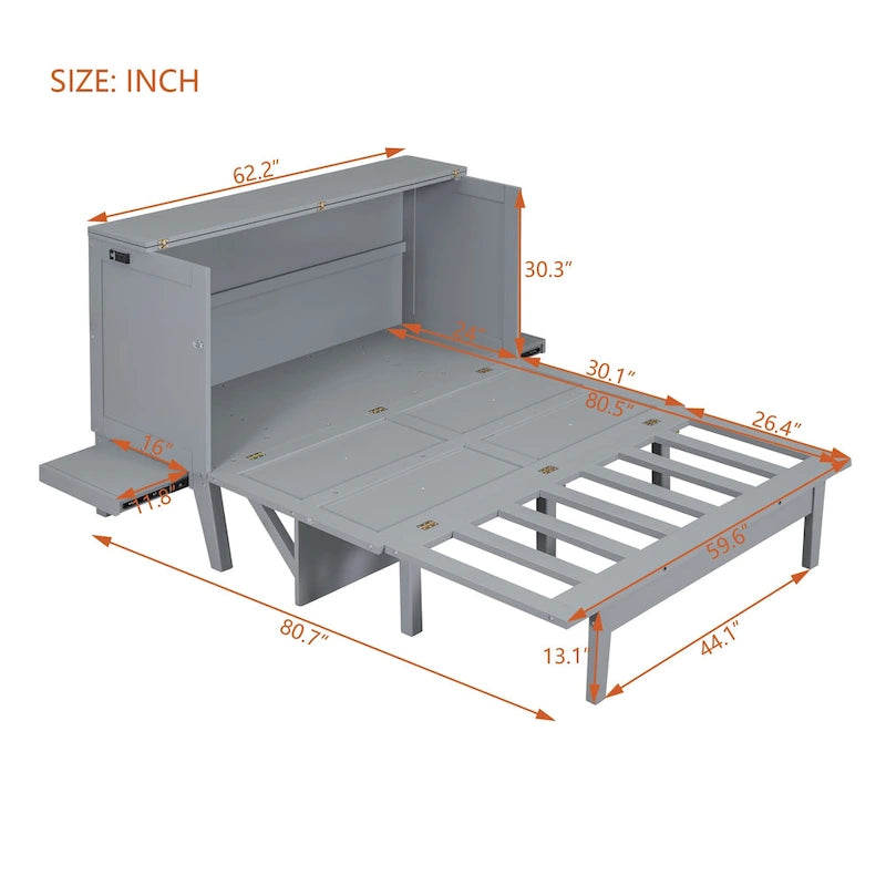 Queen Murphy Bed with USB and Side Shelves, 80.3"L