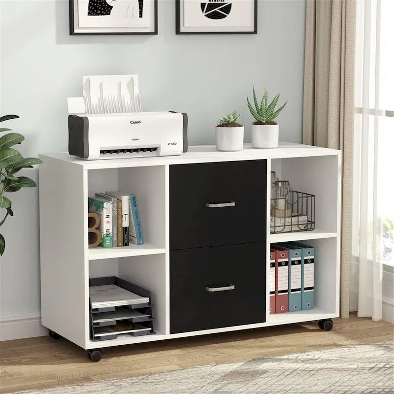Wood File Cabinet with 2 Drawers and 4 Open Shelves Office Storage Cabinet