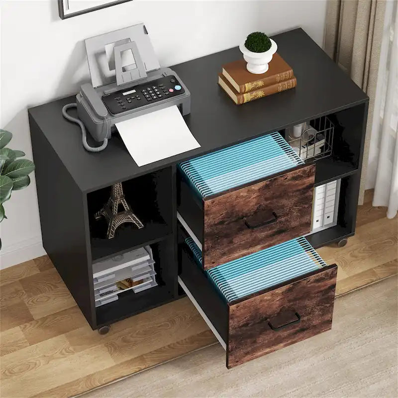 Wood File Cabinet with 2 Drawers and 4 Open Shelves Office Storage Cabinet
