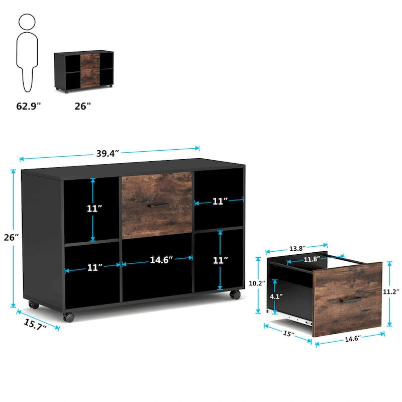 Wood File Cabinet with 2 Drawers and 4 Open Shelves Office Storage Cabinet