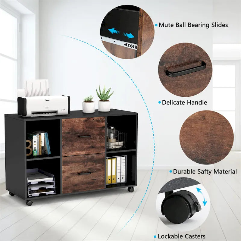 Wood File Cabinet with 2 Drawers and 4 Shelves, 39.5"W