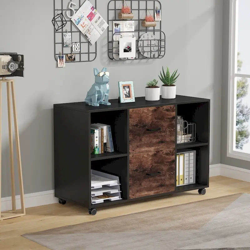 Wood File Cabinet with 2 Drawers and 4 Shelves, 39.5"W