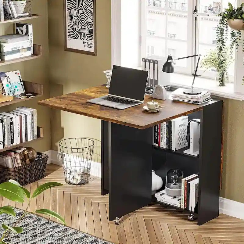 Folding Dining Table with 6 Wheels Drop Leaf Tables