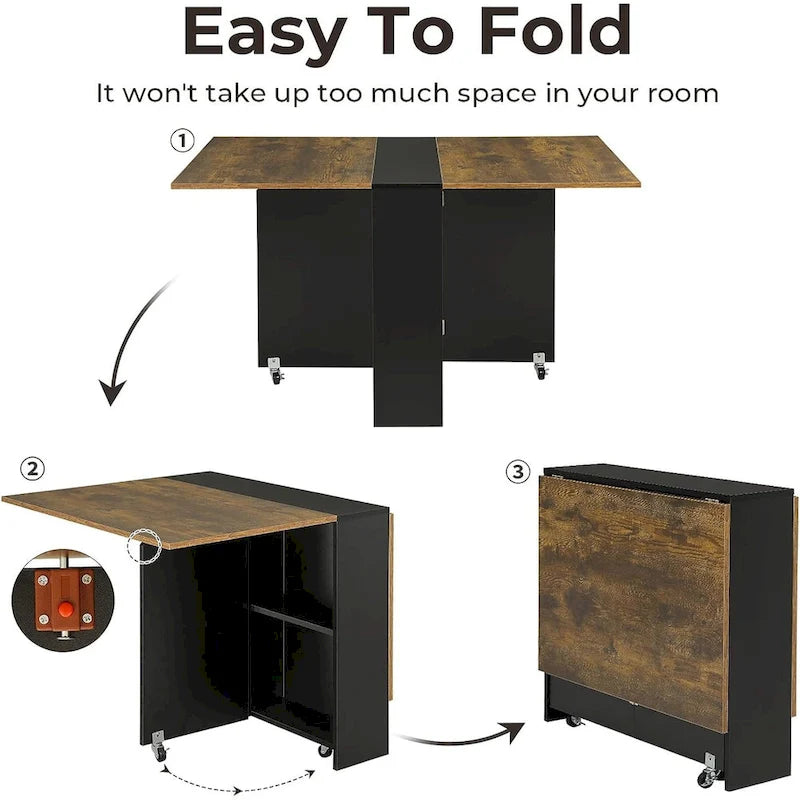 Folding Dining Table with 6 Wheels Drop Leaf Tables