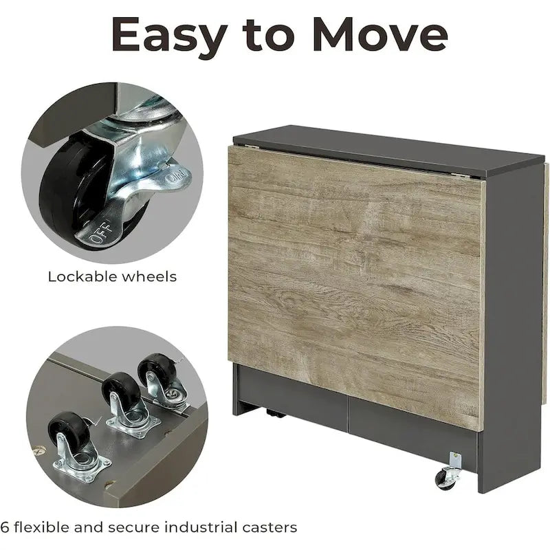 Folding Dining Table with 6 Wheels Drop Leaf Tables