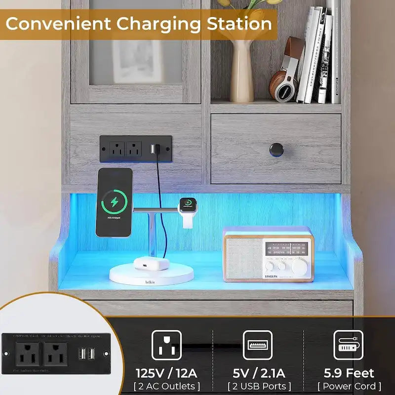 Tall Nightstand Charging Station 3 Drawers & Shelves LED Glass Door