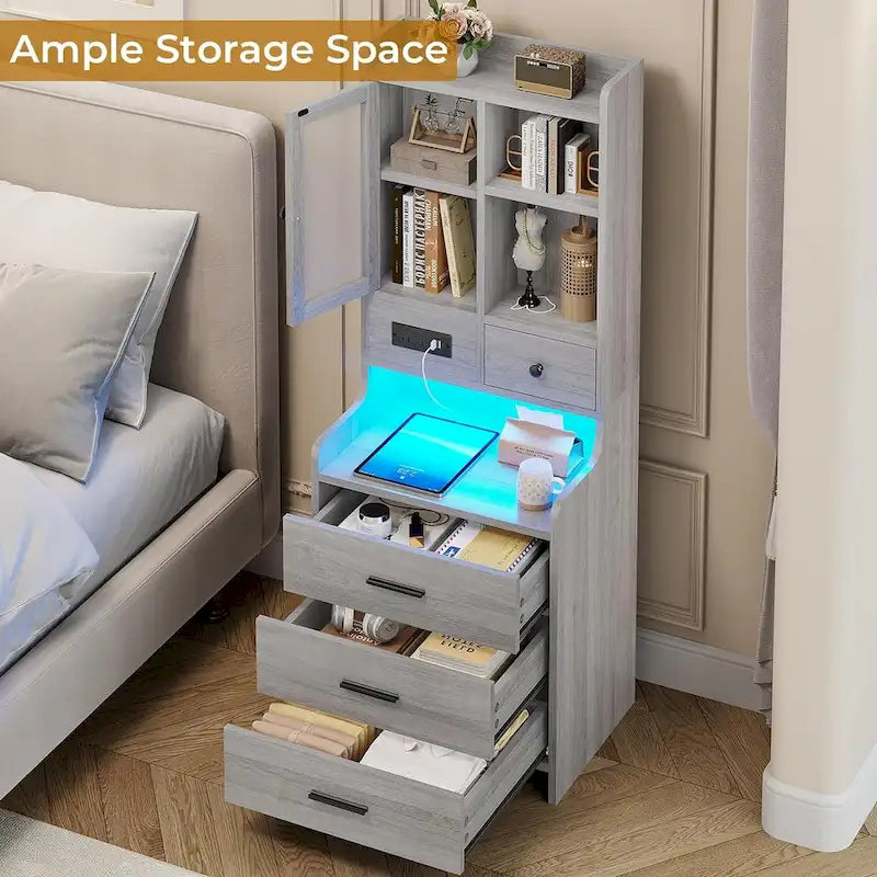 Tall Nightstand Charging Station 3 Drawers & Shelves LED Glass Door