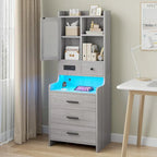 Tall Nightstand Charging Station 3 Drawers & Shelves LED Glass Door