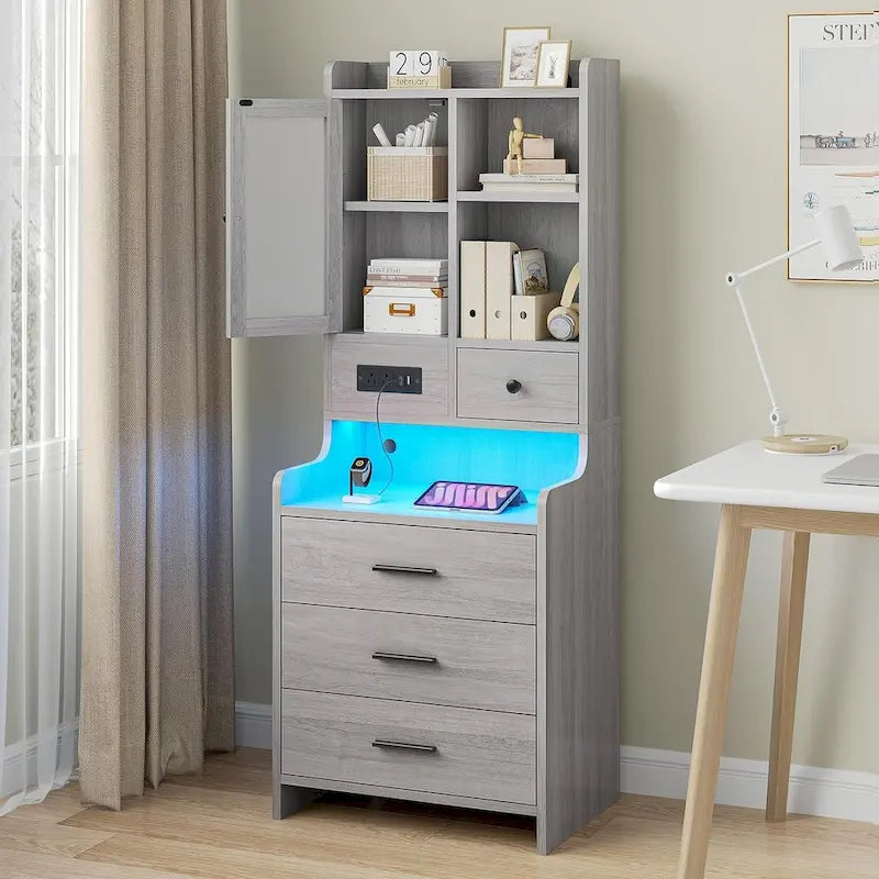 Tall Nightstand Charging Station 3 Drawers & Shelves LED Glass Door