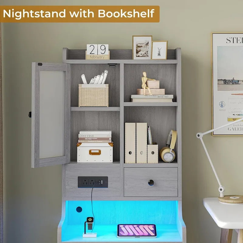 Tall Nightstand Charging Station 3 Drawers & Shelves LED Glass Door