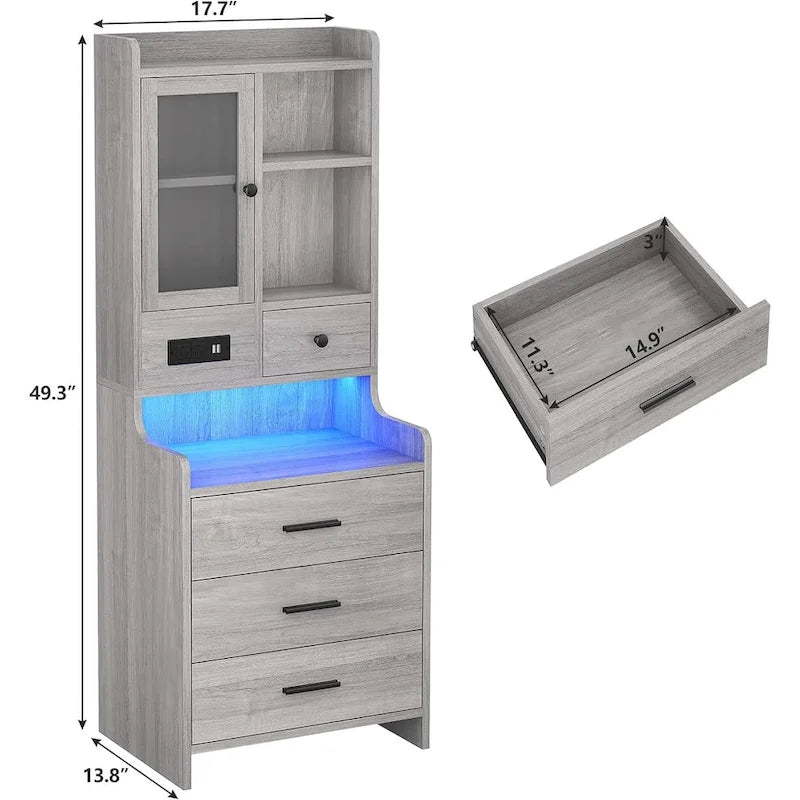 Tall Nightstand Charging Station 3 Drawers & Shelves LED Glass Door