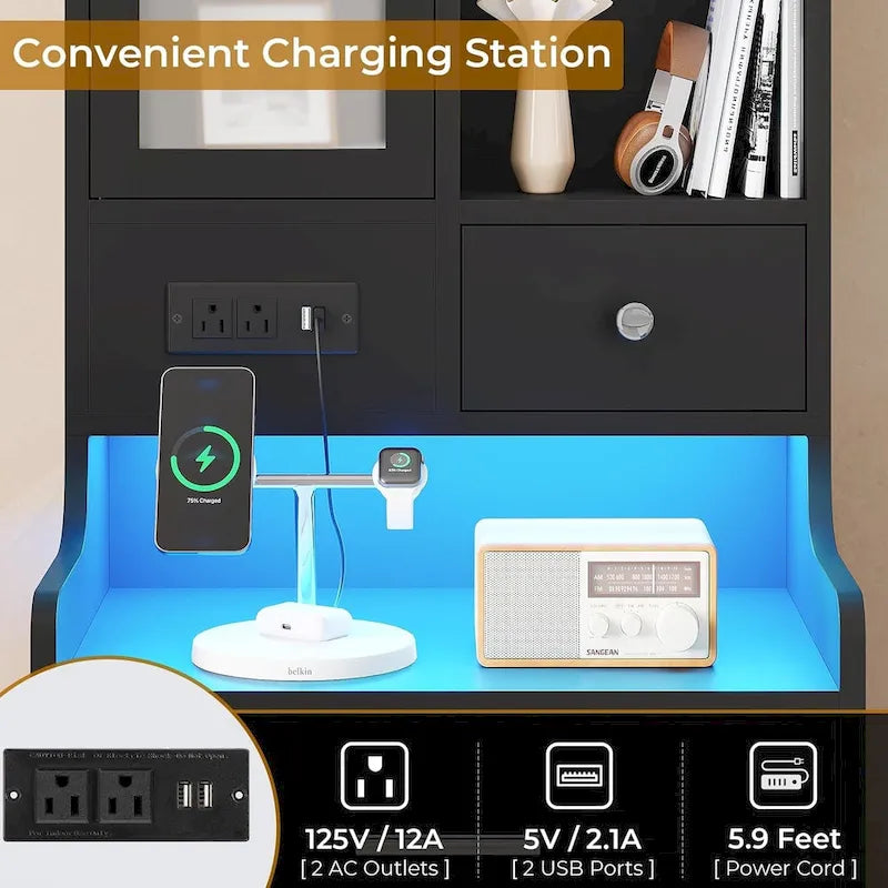 Tall Nightstand Charging Station 3 Drawers & Shelves LED Glass Door