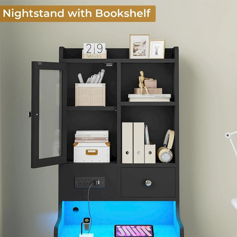 Tall Nightstand Charging Station 3 Drawers & Shelves LED Glass Door