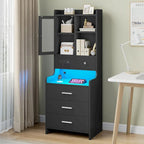 Tall Nightstand Charging Station 3 Drawers & Shelves LED Glass Door