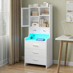 Tall Nightstand Charging Station 3 Drawers & Shelves LED Glass Door