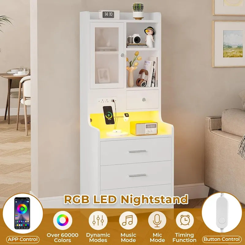 Tall Nightstand Charging Station 3 Drawers & Shelves LED Glass Door