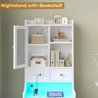 Tall Nightstand Charging Station 3 Drawers & Shelves LED Glass Door