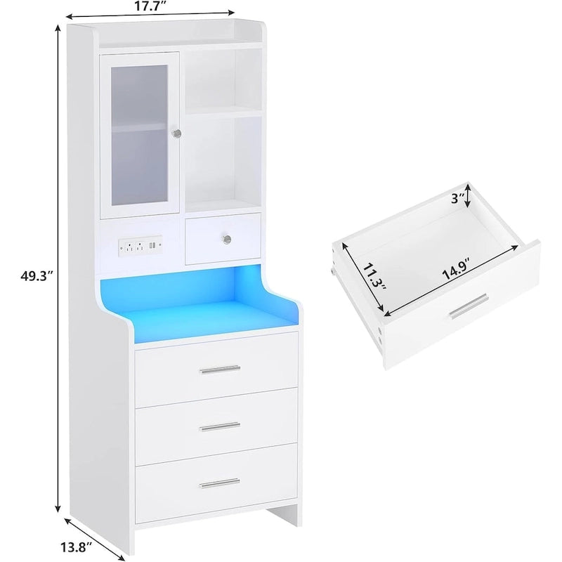 Tall Nightstand Charging Station 3 Drawers & Shelves LED Glass Door