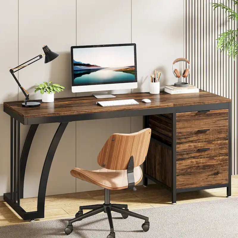 59 inch Reversible Computer Desk with 3 Drawer Cabinet, Industrial Study Writing Table Workstation for Home Office Bedroom