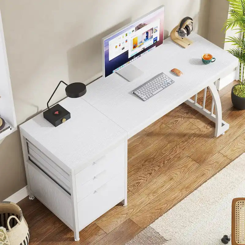 59 inch Reversible Computer Desk with 3 Drawer Cabinet, Industrial Study Writing Table Workstation for Home Office Bedroom