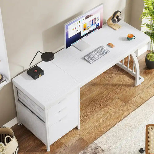 59 inch Reversible Computer Desk with 3 Drawer Cabinet, Industrial Study Writing Table Workstation for Home Office Bedroom