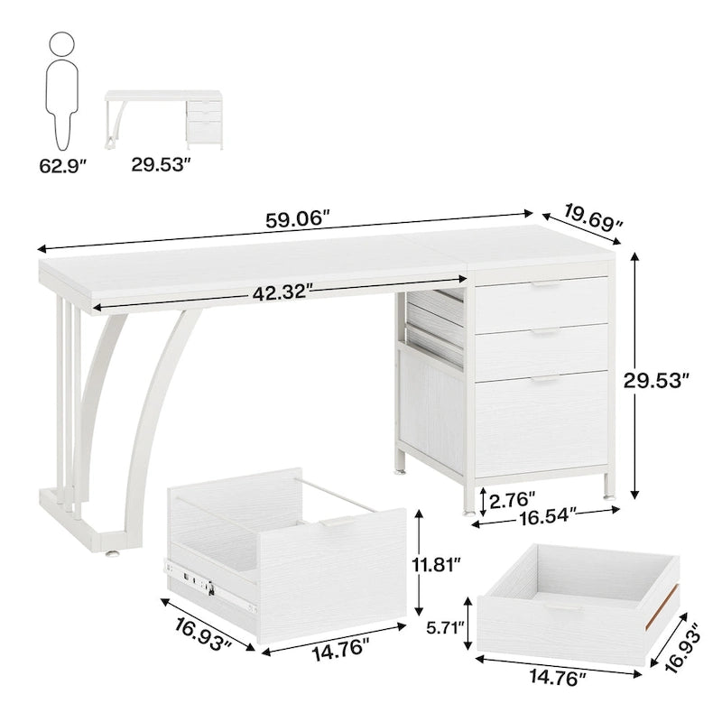 59 inch Reversible Computer Desk with 3 Drawer Cabinet, Industrial Study Writing Table Workstation for Home Office Bedroom