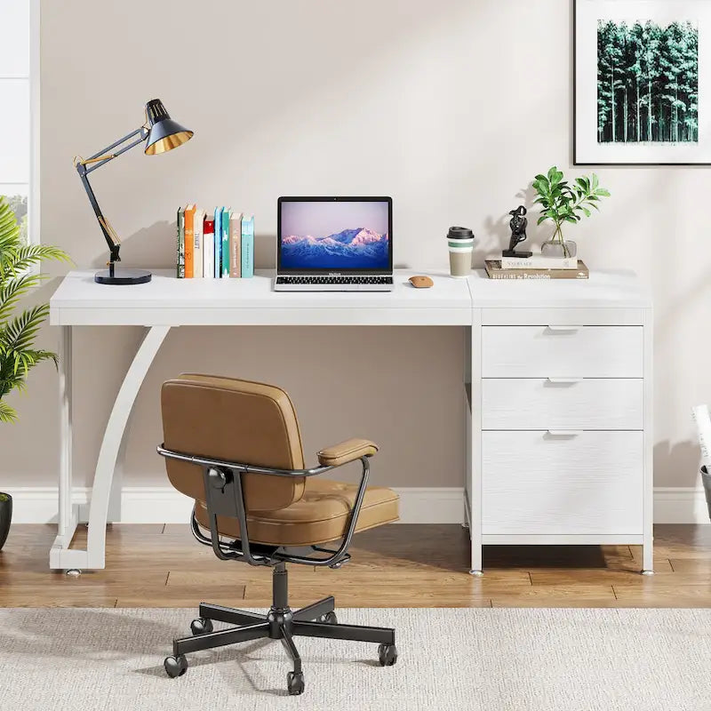 59 inch Reversible Computer Desk with 3 Drawer Cabinet, Industrial Study Writing Table Workstation for Home Office Bedroom