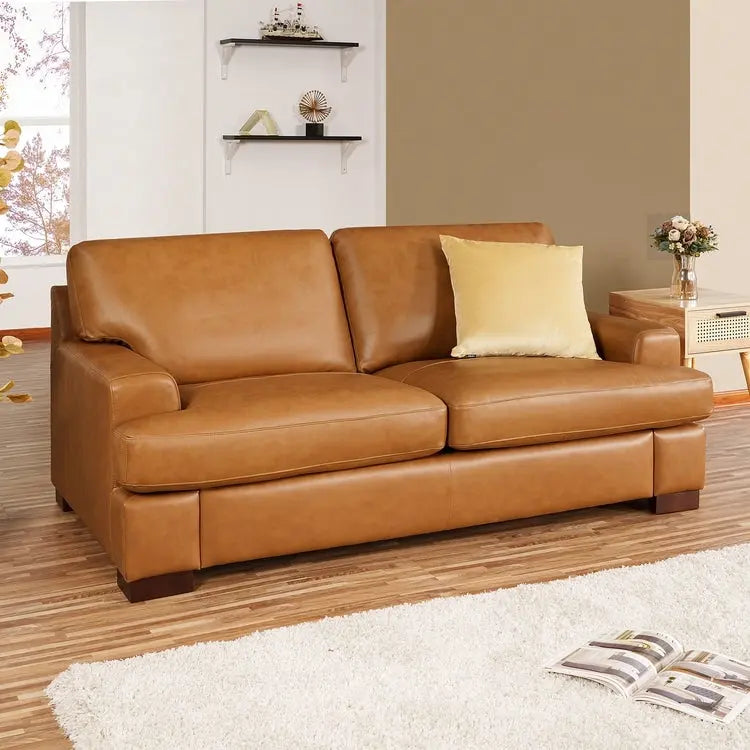 Genuine Leather Square Arm Loveseat Sofa with Sturdy Block Legs - Luxurious Comfort Goose Feather Cushion