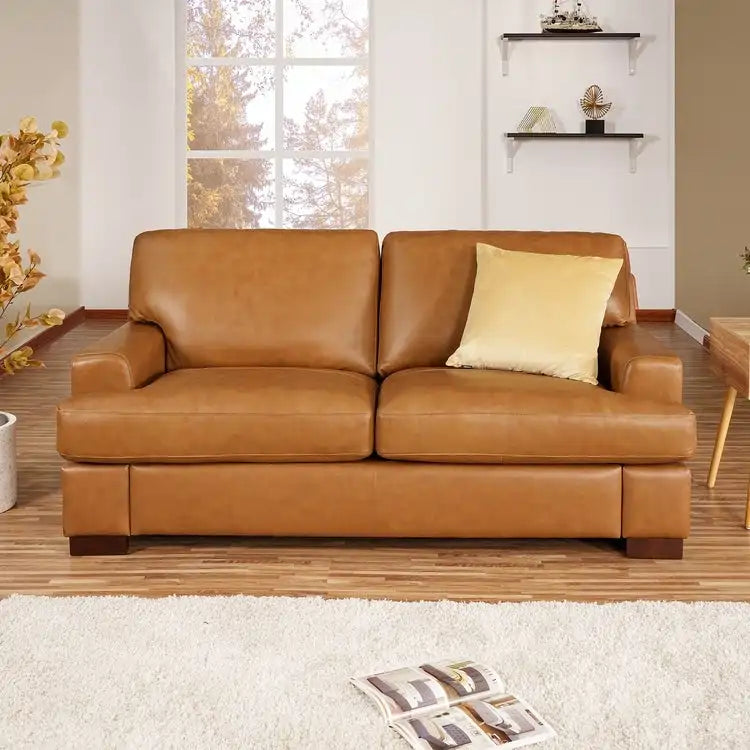 Genuine Leather Square Arm Loveseat Sofa with Sturdy Block Legs - Luxurious Comfort Goose Feather Cushion