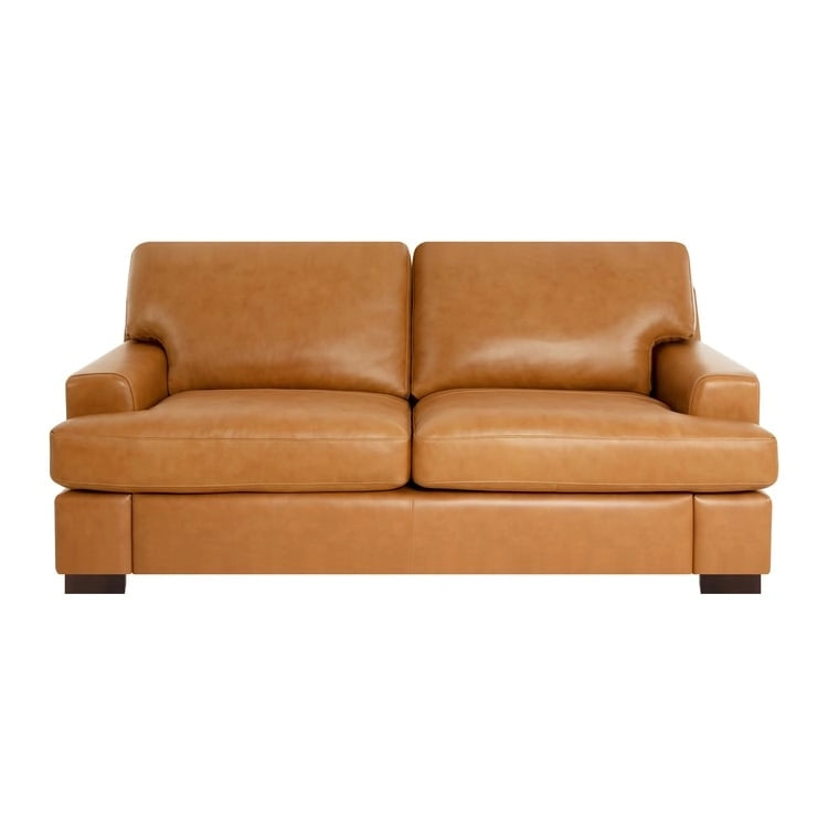 Genuine Leather Square Arm Loveseat Sofa with Sturdy Block Legs - Luxurious Comfort Goose Feather Cushion
