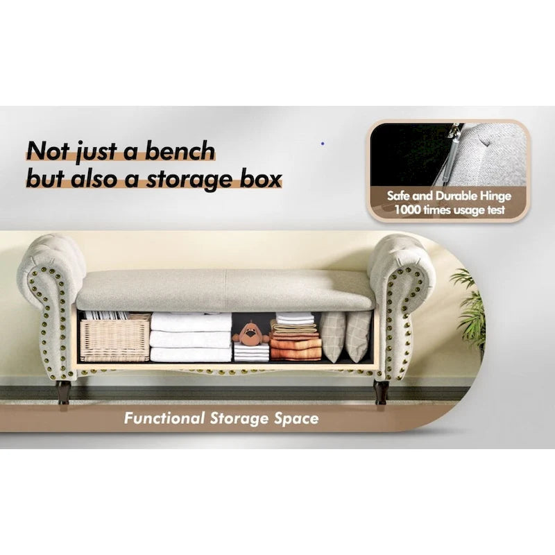 53 in Tufted Bench with Safety Hinge and Rolled Arm End of Bed Storage