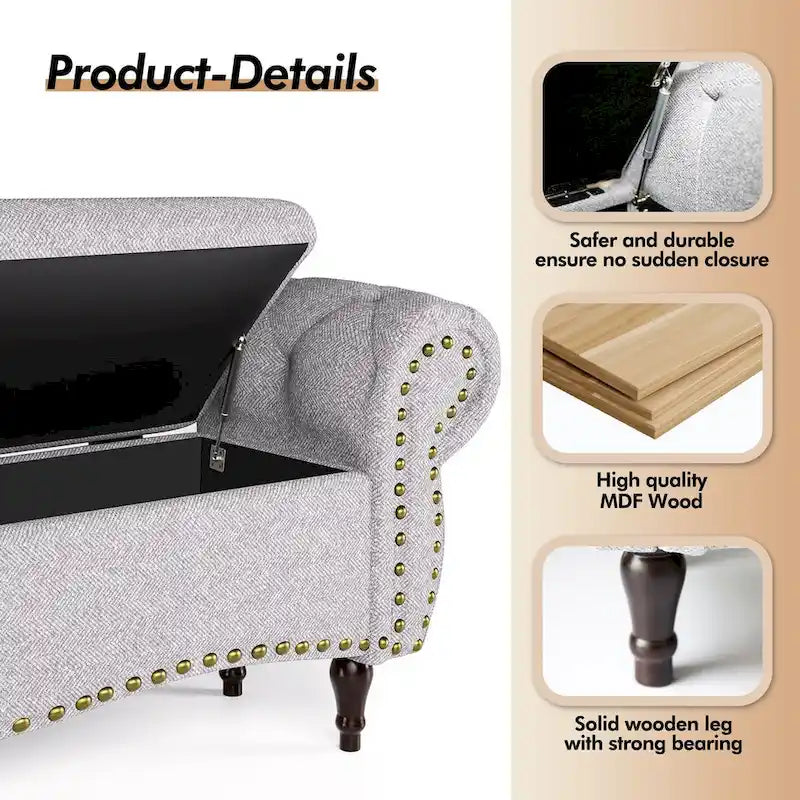 53 in Tufted Bench with Safety Hinge and Rolled Arm End of Bed Storage