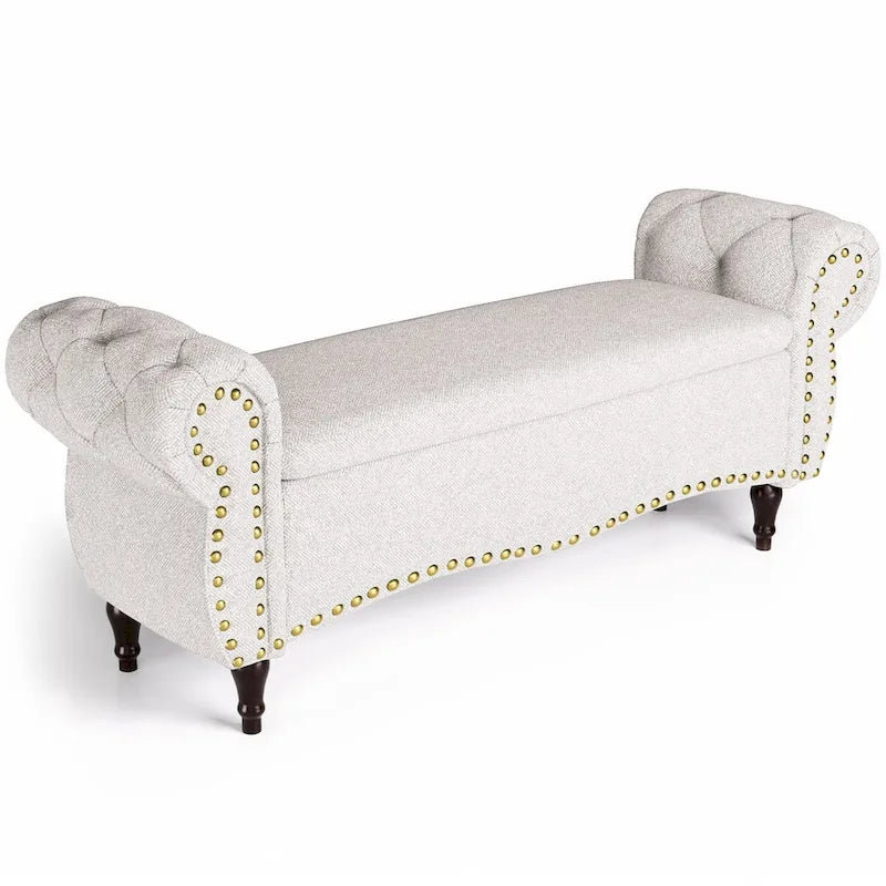 53 in Tufted Bench with Safety Hinge and Rolled Arm End of Bed Storage