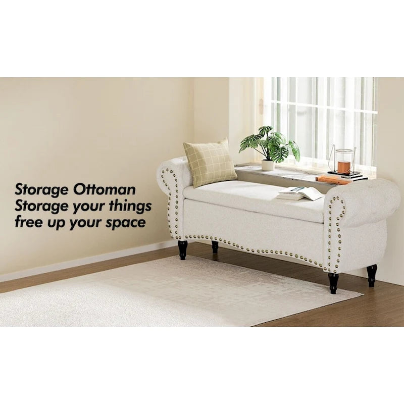 53 in Tufted Bench with Safety Hinge and Rolled Arm End of Bed Storage