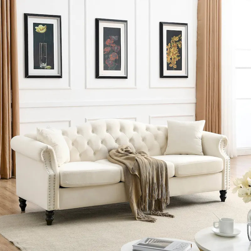 Chesterfield 3-Seater Upholstered Tufted Sofa with Rolled Arms and Nailhead