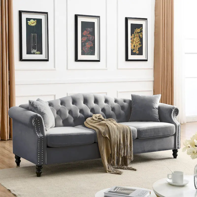 Chesterfield 3-Seater Upholstered Tufted Sofa with Rolled Arms and Nailhead