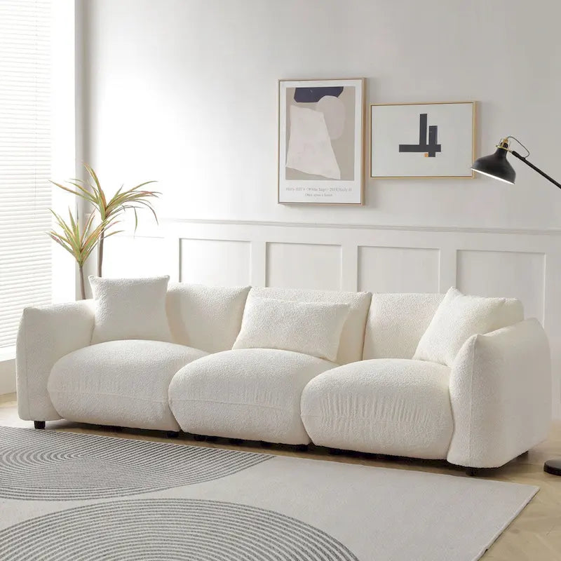 Upholstered Comfortable Soft Lamb Down White Sofa Couch with Ottoman