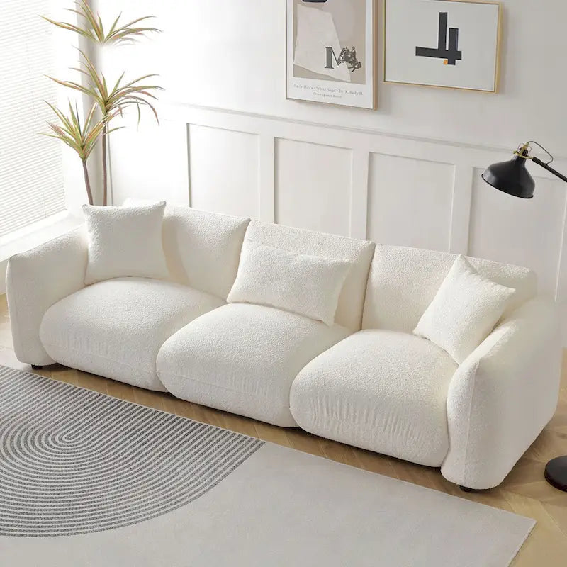 Upholstered Comfortable Soft Lamb Down White Sofa Couch with Ottoman