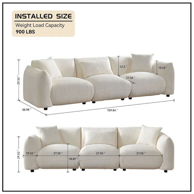 Upholstered Comfortable Soft Lamb Down White Sofa Couch with Ottoman
