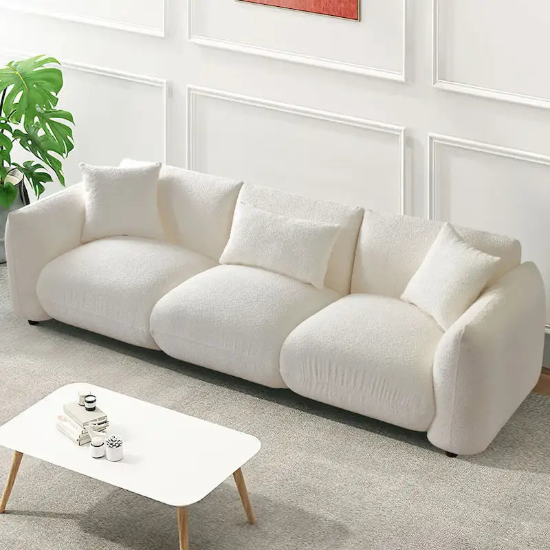Upholstered Comfortable Soft Lamb Down White Sofa Couch with Ottoman
