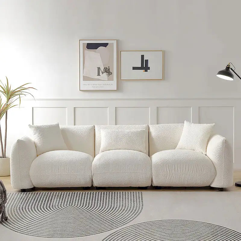 Upholstered Comfortable Soft Lamb Down White Sofa Couch with Ottoman