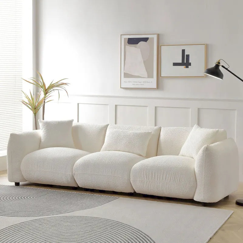 Upholstered Comfortable Soft Lamb Down White Sofa Couch with Ottoman