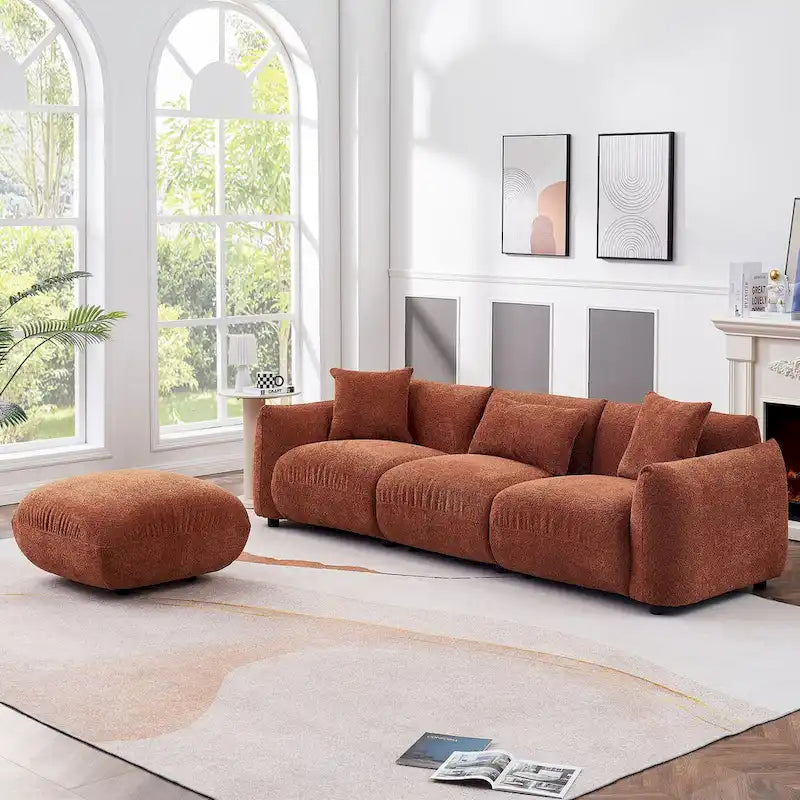 Upholstered Comfortable Soft Lamb Down White Sofa Couch with Ottoman