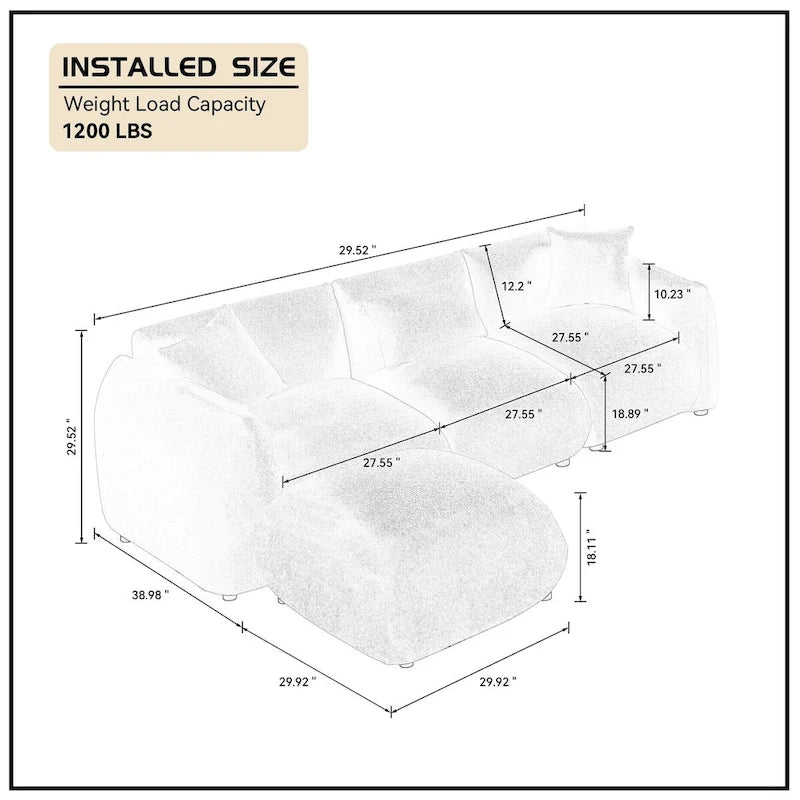 Upholstered Comfortable Soft Lamb Down White Sofa Couch with Ottoman