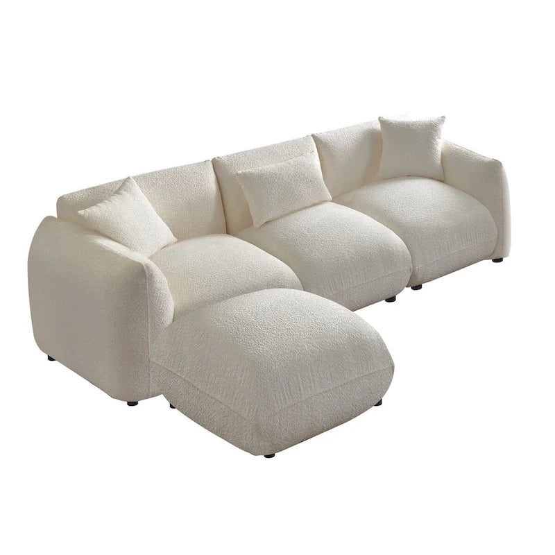 Upholstered Comfortable Soft Lamb Down White Sofa Couch with Ottoman