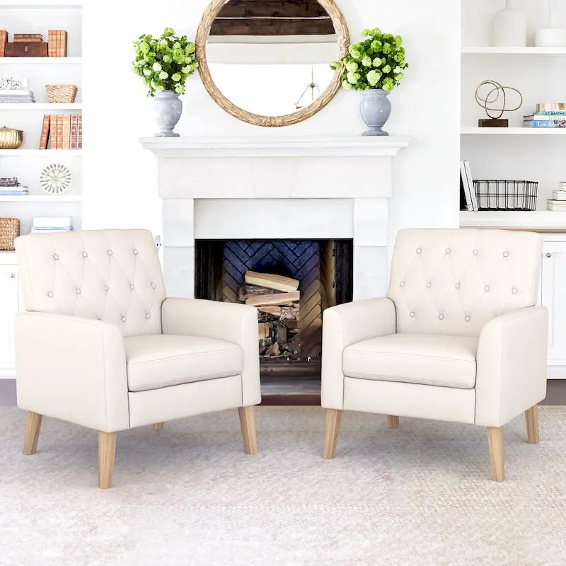 Mid-Century Modern Upholstered Linen Fabric Button Tufted Accent Chair Set of 2 - 28.5 W X 27.25 D X 33.75 H